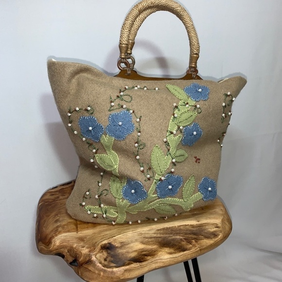 VINTAGE Handmade Wool Top Handle Tote Handbag Embroidered Detail - Picture 3 of 10